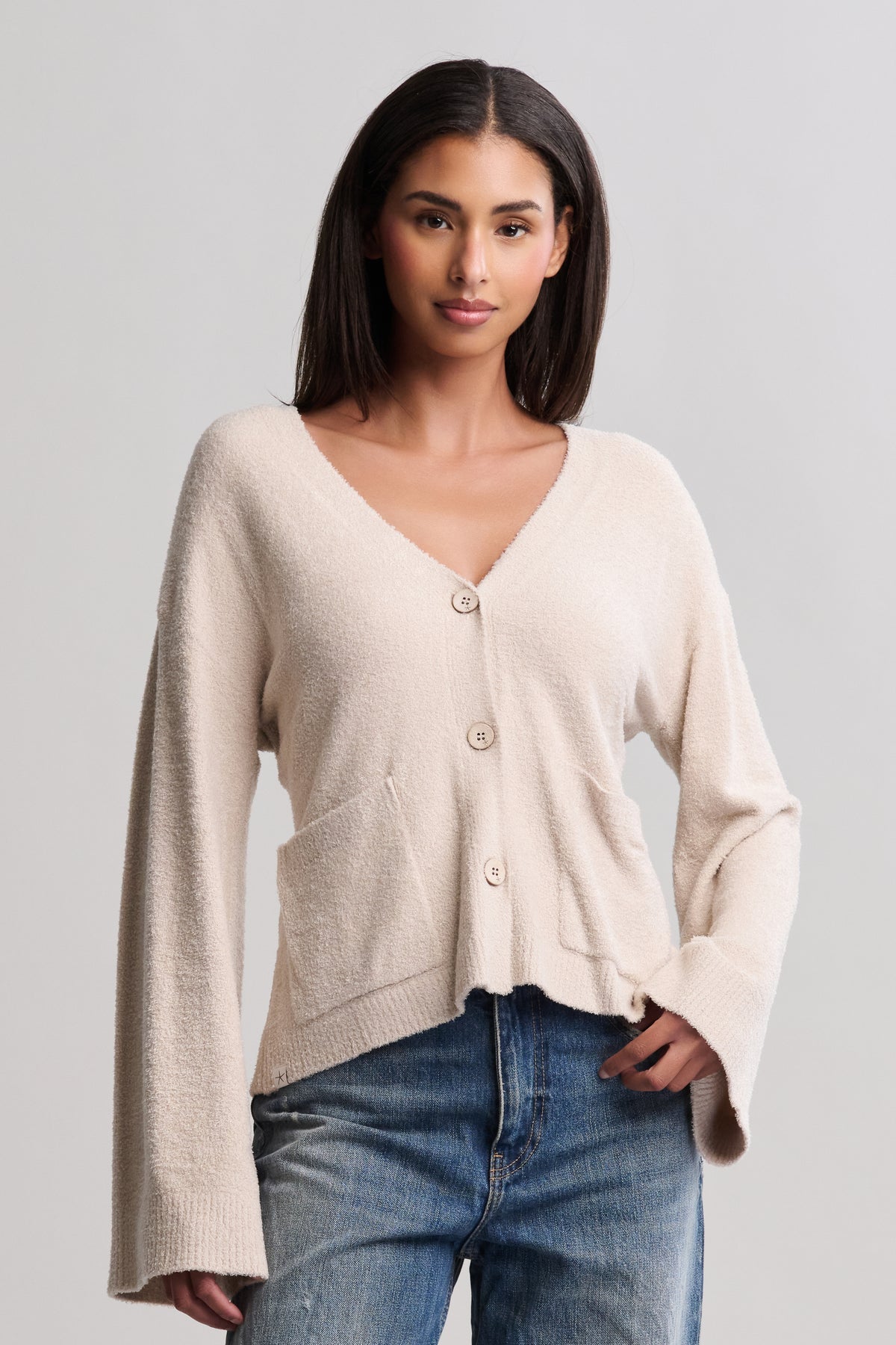 Stone CozyChic Lite® Wide Sleeve Button Front Cardigan