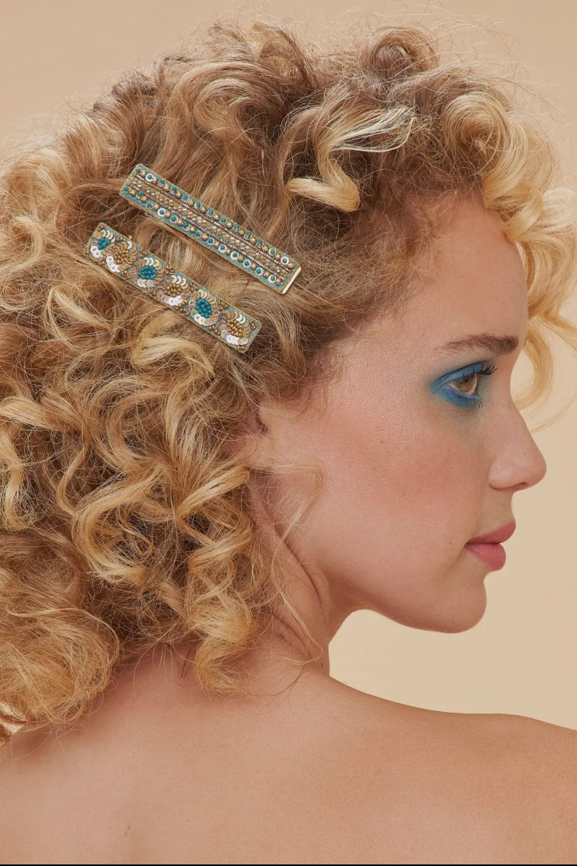 Narrow Jewelled Hair Bar- Teal Ovals & Beads