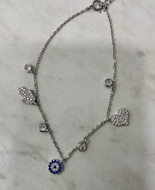 Evil Eye/Heart/Hamsa Charm Single Strand Bracelet