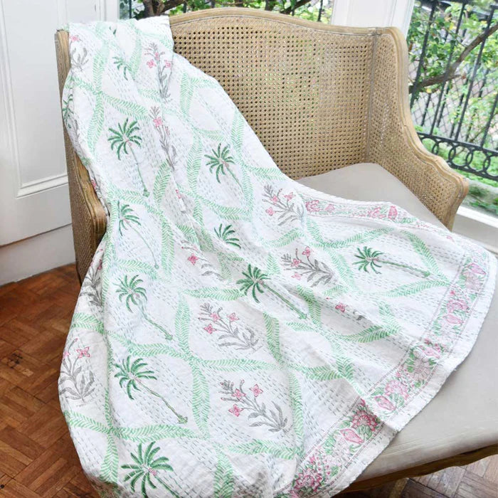 Floral Pink Palms Kantha Throw