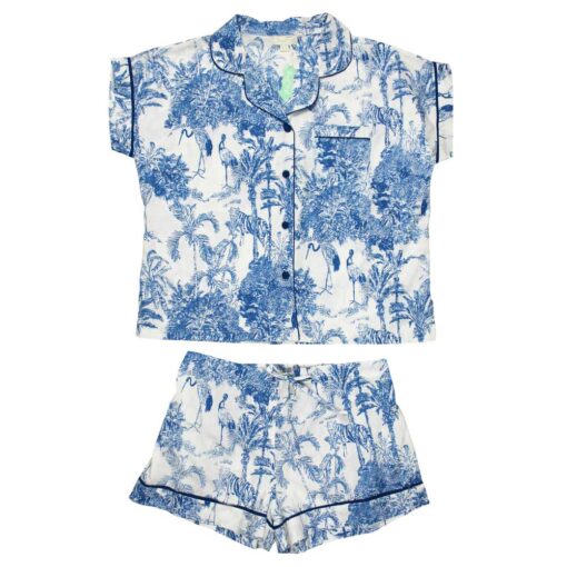 Blue & White Safari Toile De Jouy Print Short Pyjama Set