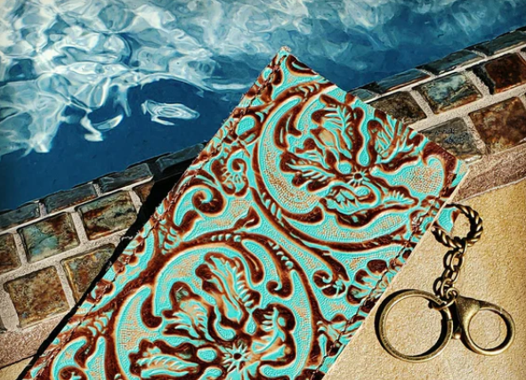 Embossed Leather Sunglasses Case w/ Keychain-Cowboy Turquoise 100e