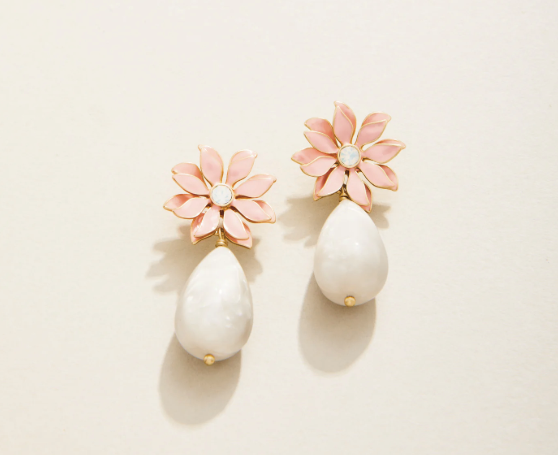 Floral Dew Drop Earrings Pink/White