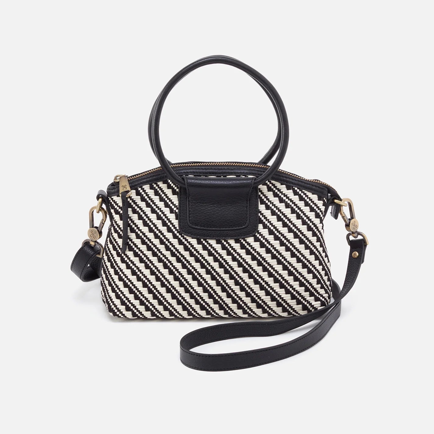 Shelia Top Zip Crossbody Black & White Artisan Weave
