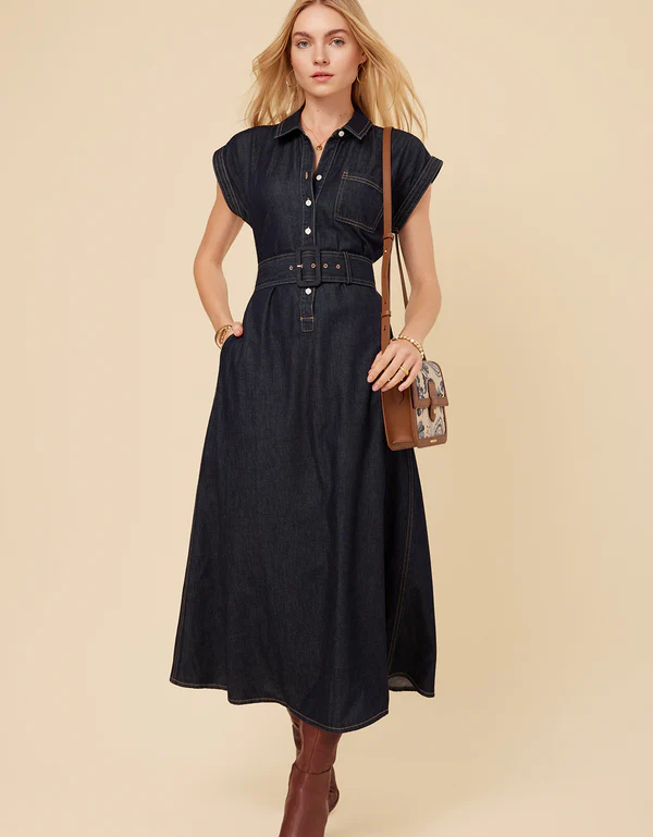 Libbie Denim Midi Dress Dark Bayou Rinse Wash