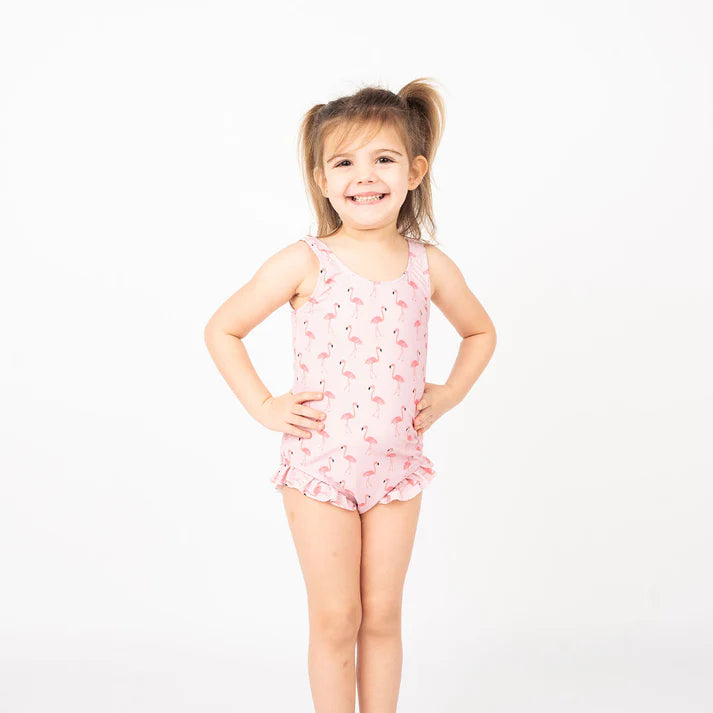 Fancy Flamingos Ruffle Leg One Piece Girls Swimsuit