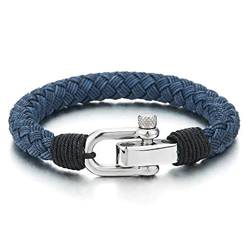 Mens Braided Cotton Rope Stainless Nautical Screw Shackle Bracelet