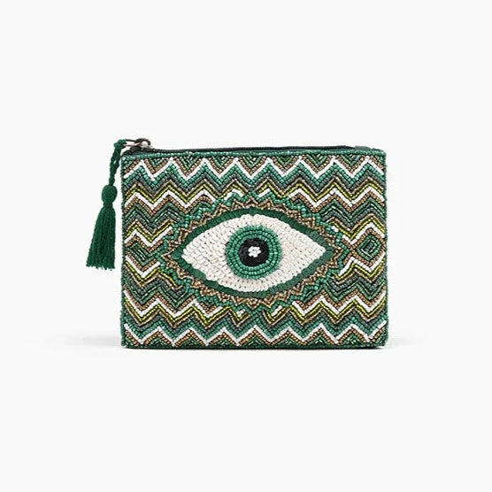 Embellished Evil Eye Coin Bag Green