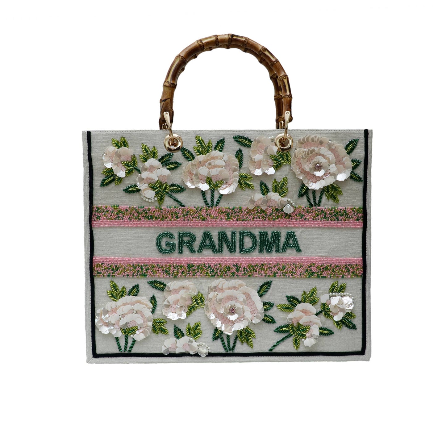 Gigi / Yia Yia  Hand Beaded 3D Blush flowers with bamboo Handle