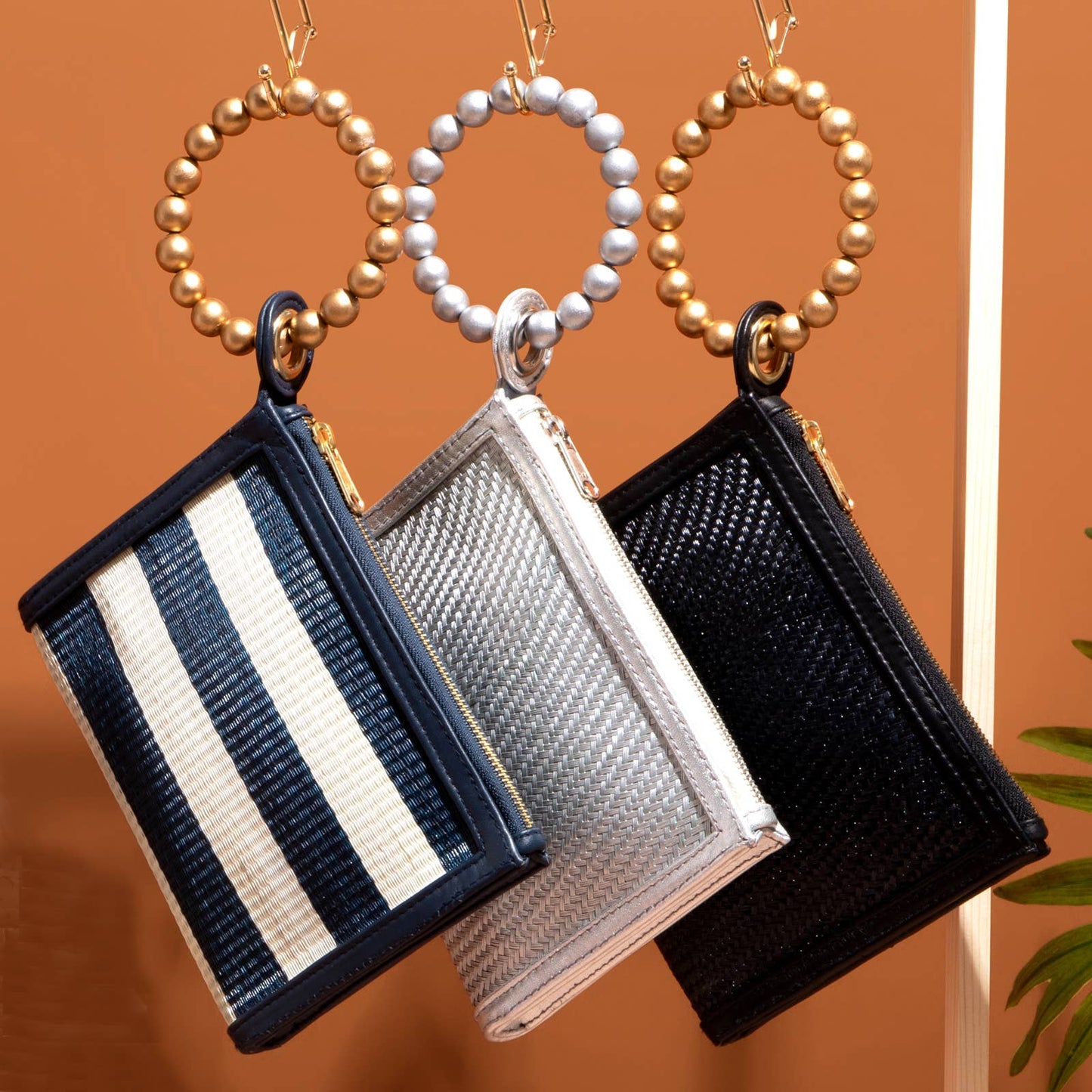Black Woven Luxe Gold Bead Handle Wristlet Pouch  | Summer