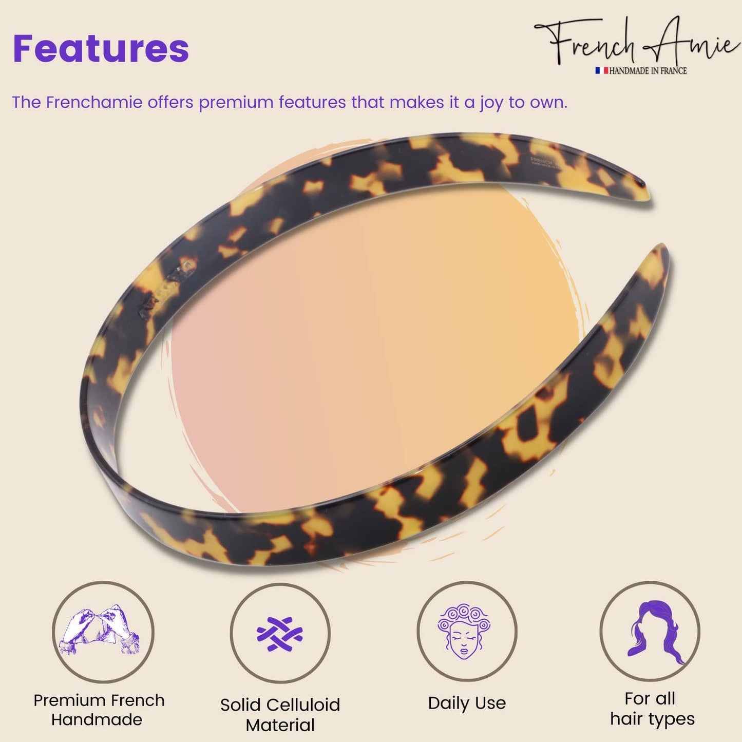French Amie Wide Headband 1/2" Handmade Cellulose Hair Accessories Women & Girls