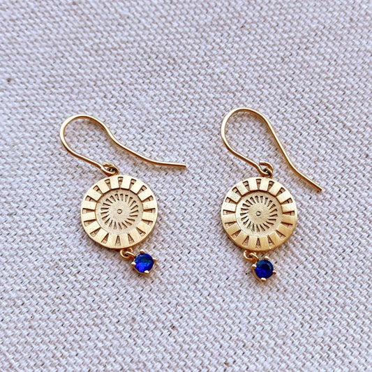 18k Gold Filled Coin Charm Sapphire Earrings