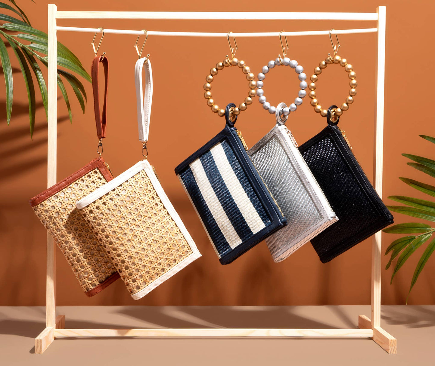 Black Woven Luxe Gold Bead Handle Wristlet Pouch  | Summer