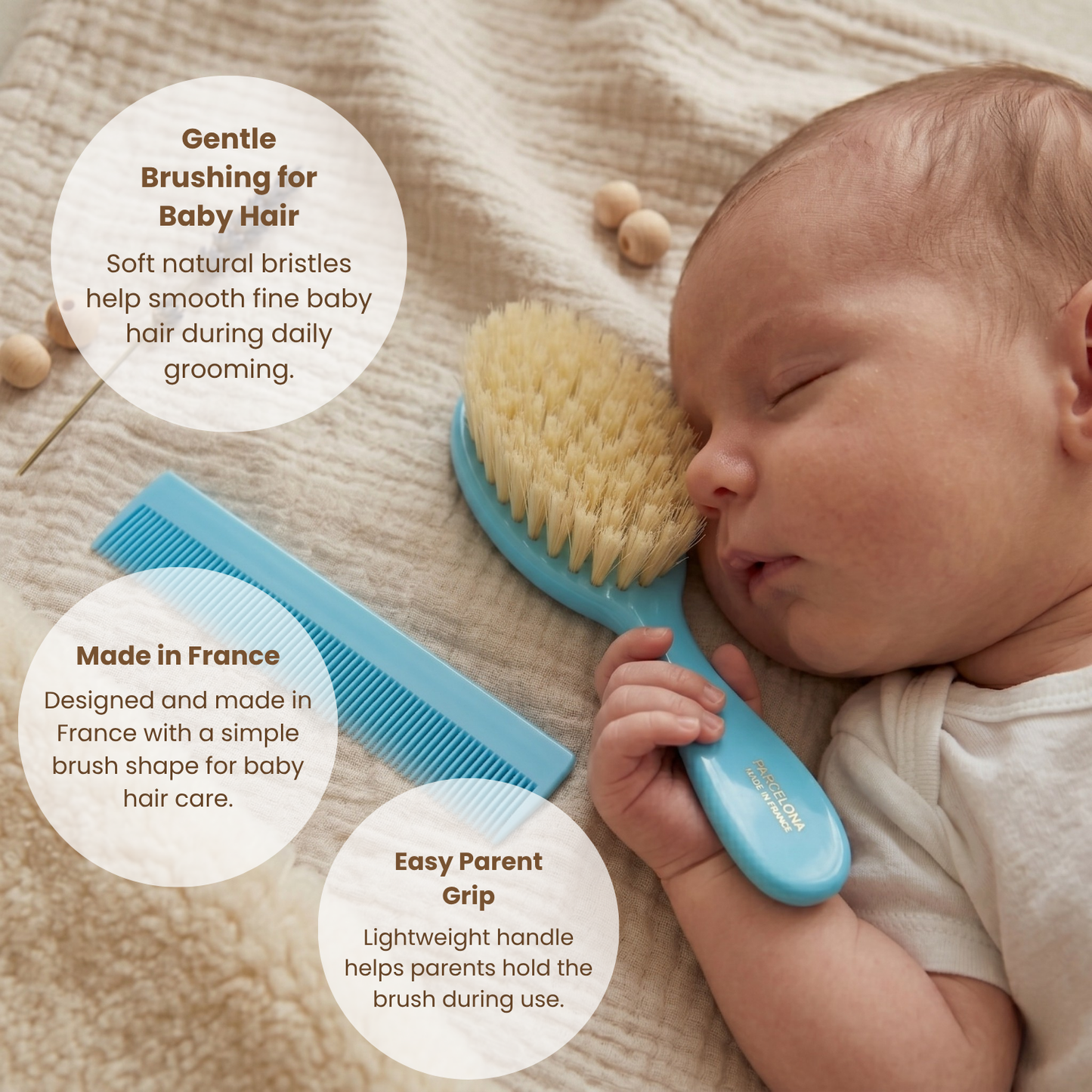 Parcelona French Grooming Combo 6” Celluloid Baby Brush and Comb for Toddlers