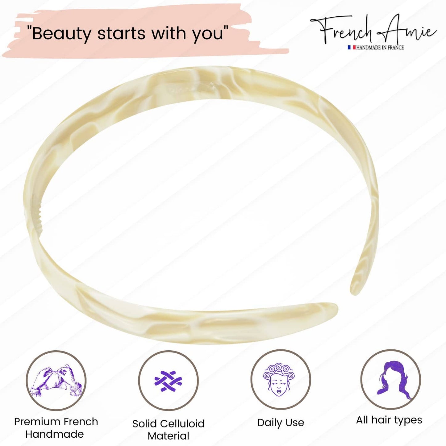 French Amie Wide Headband 1/2" Handmade Cellulose Hair Accessories Women & Girls