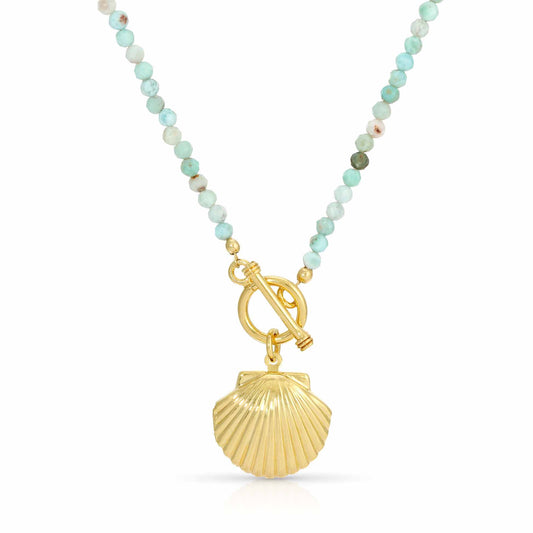 Venus Shell Locket Larimar Beaded Necklace 