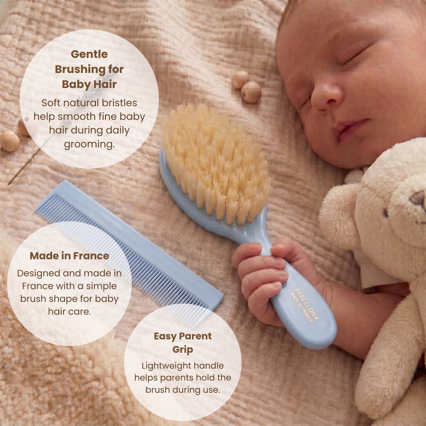 Parcelona French Grooming Combo 6” Celluloid Baby Brush and Comb for Toddlers