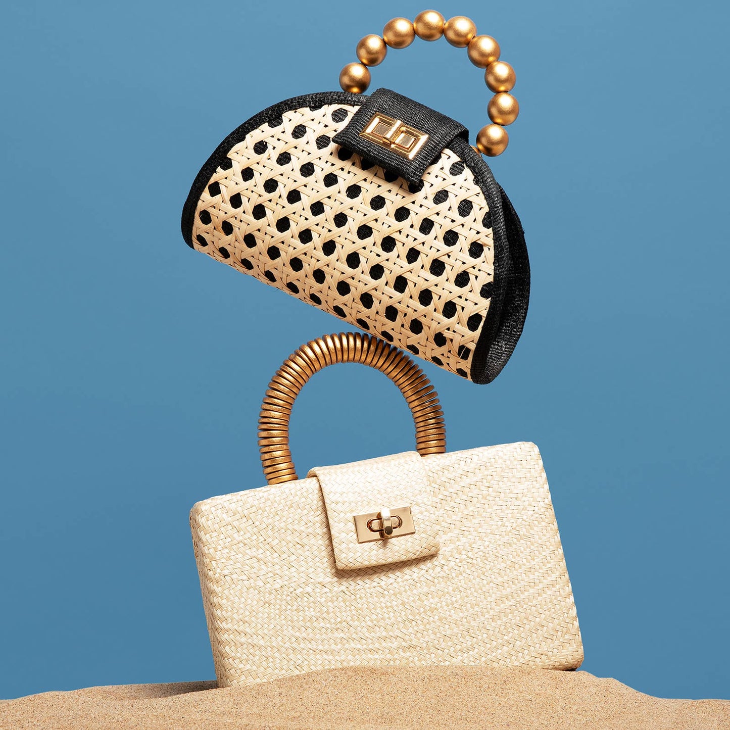 Black Straw Clutch | Gold Bead Handle | Summer Evening 202