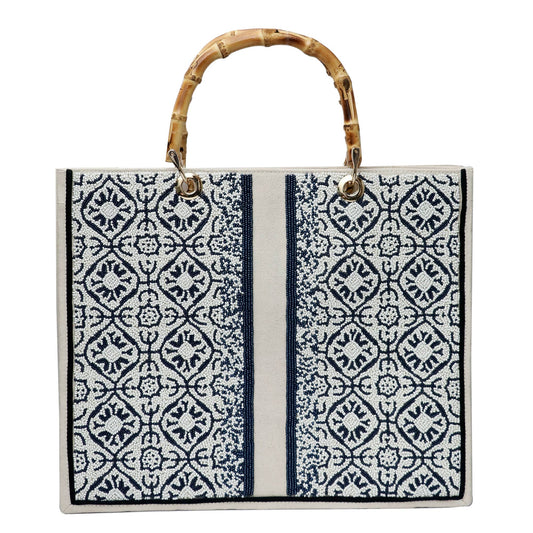 Yia Yia Hand Beaded Cobalt and White Tote bamboo Handles