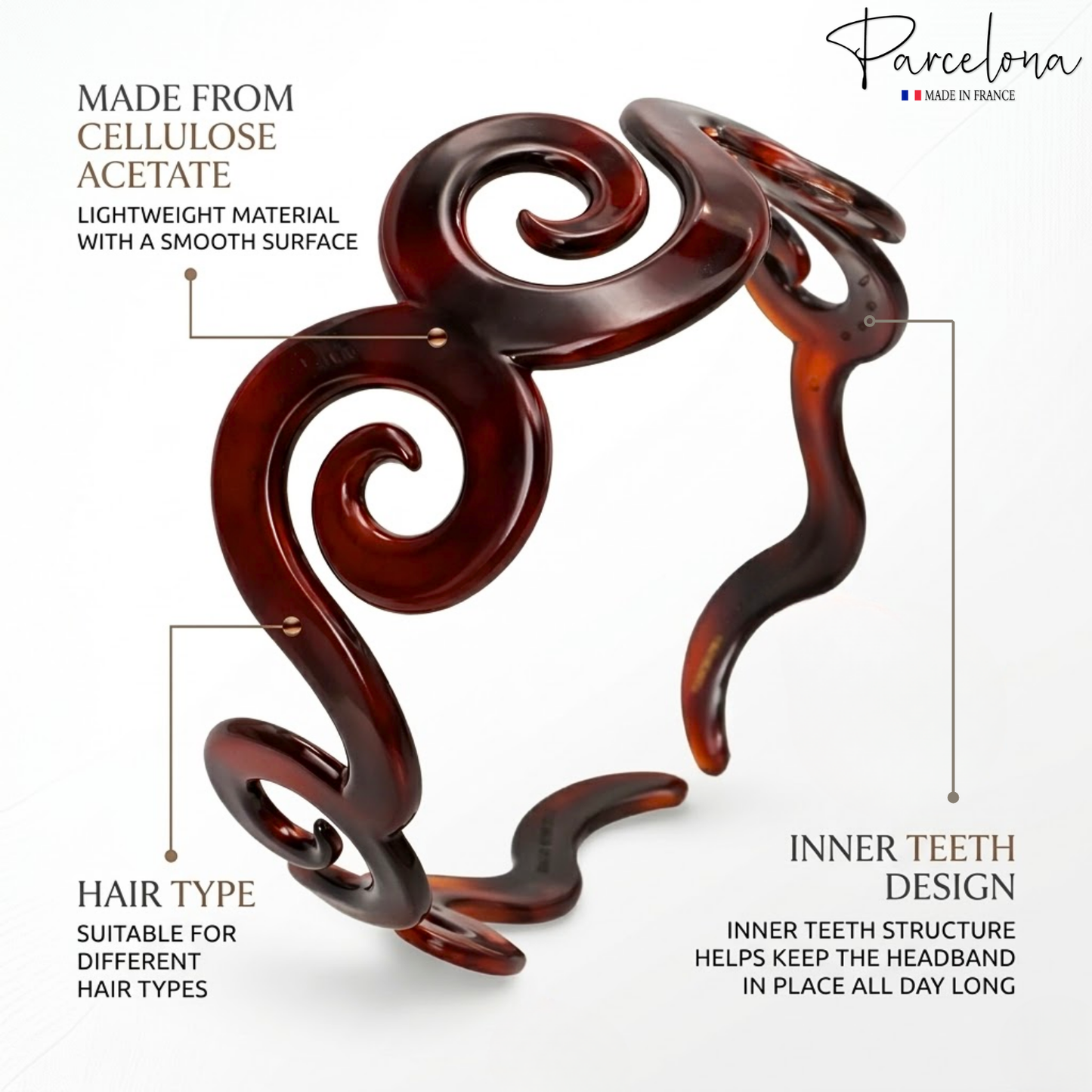 Parcelona French Swirls Wide Light Non-Brittle Cellulose Shell Hair Headband