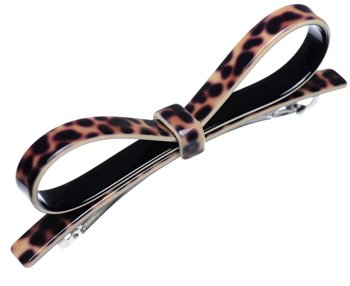 French Amie Sleek Bow Leopard Brown Large Handmade Cellulose Hair Clip Barrette