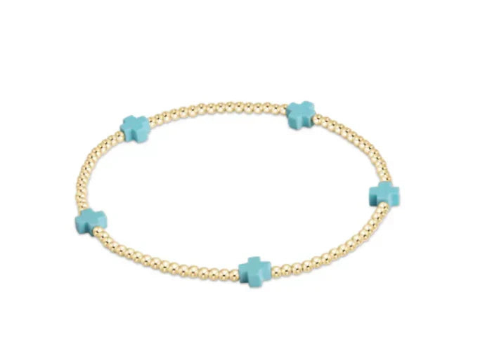SIGNATURE CROSS SMALL GOLD PATTERN 2MM BEAD BRACELET - TURQUOISE