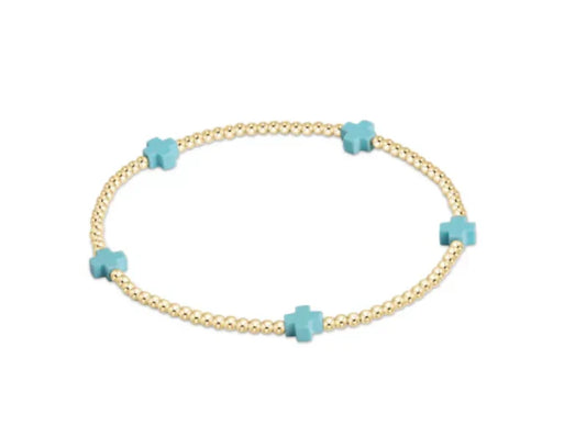 SIGNATURE CROSS SMALL GOLD PATTERN 2MM BEAD BRACELET - TURQUOISE