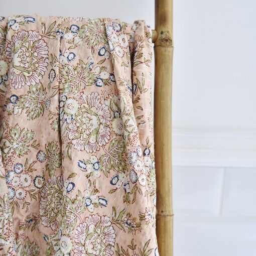 Peach & Green Floral Print Double Sided Kantha Throw