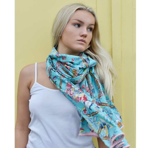 Blue Orchid Scarf With Pink Pom Pom Trim