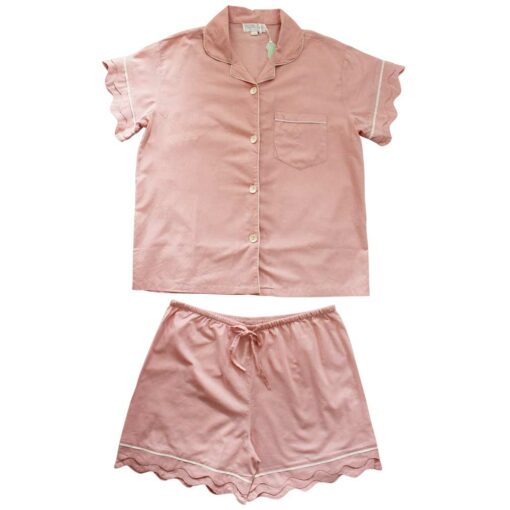 Pink Women’s Scalloped Edge Shortie PJ &Blue Blossom Lined Wash Bag Set