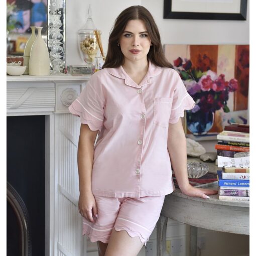 Pink Women’s Scalloped Edge Shortie PJ &Blue Blossom Lined Wash Bag Set