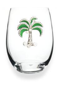 Green Diamond Palm Tree Jeweled Stemless Wine