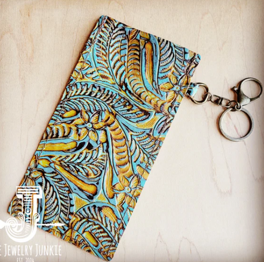 Embossed Leather Sunglasses Case w/ Keychain-Dallas Turquoise 100u