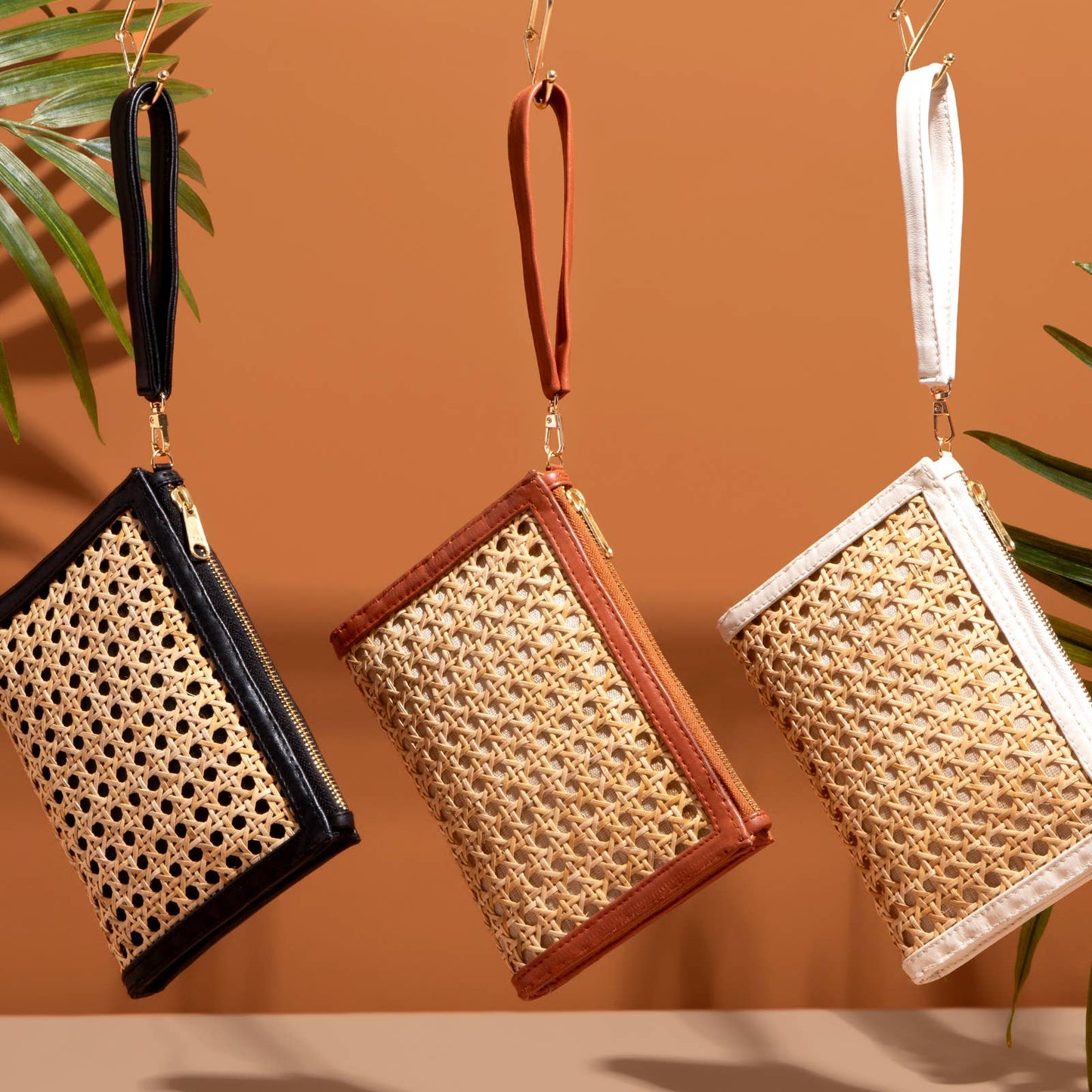 Cream Woven  Rattan & Leather  Wristlet Pouch  | Summer Luxe