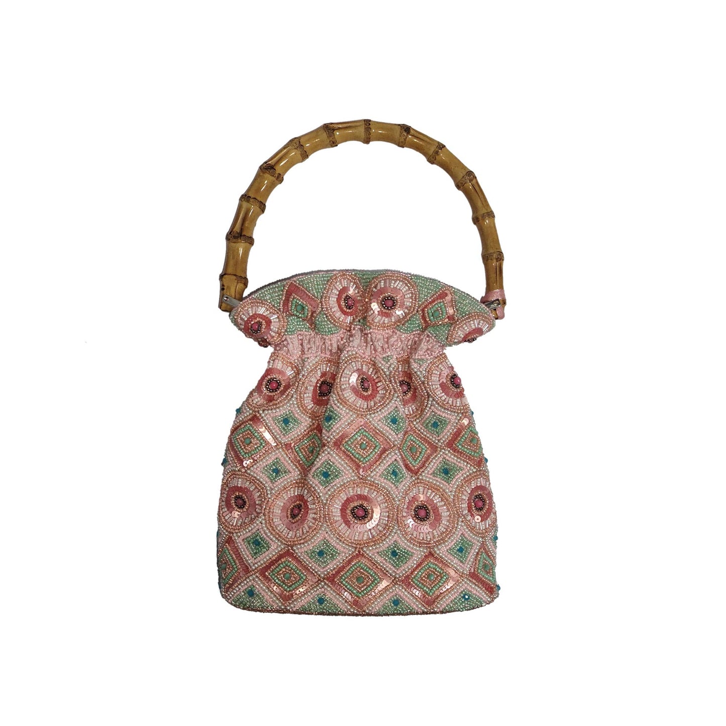 Small Hand Beaded Pink Pouch with bamboo handle bag
