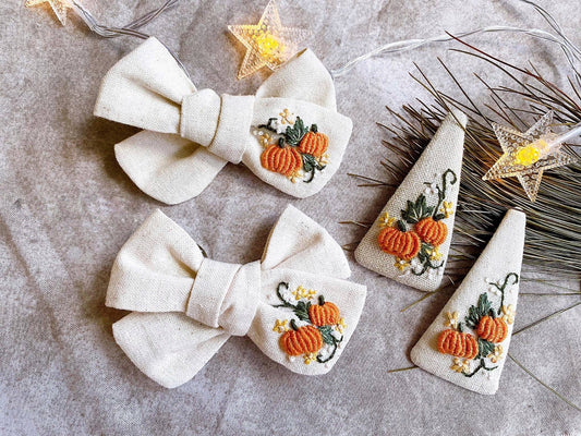 Pumpkin Embroidered Hair Bow,