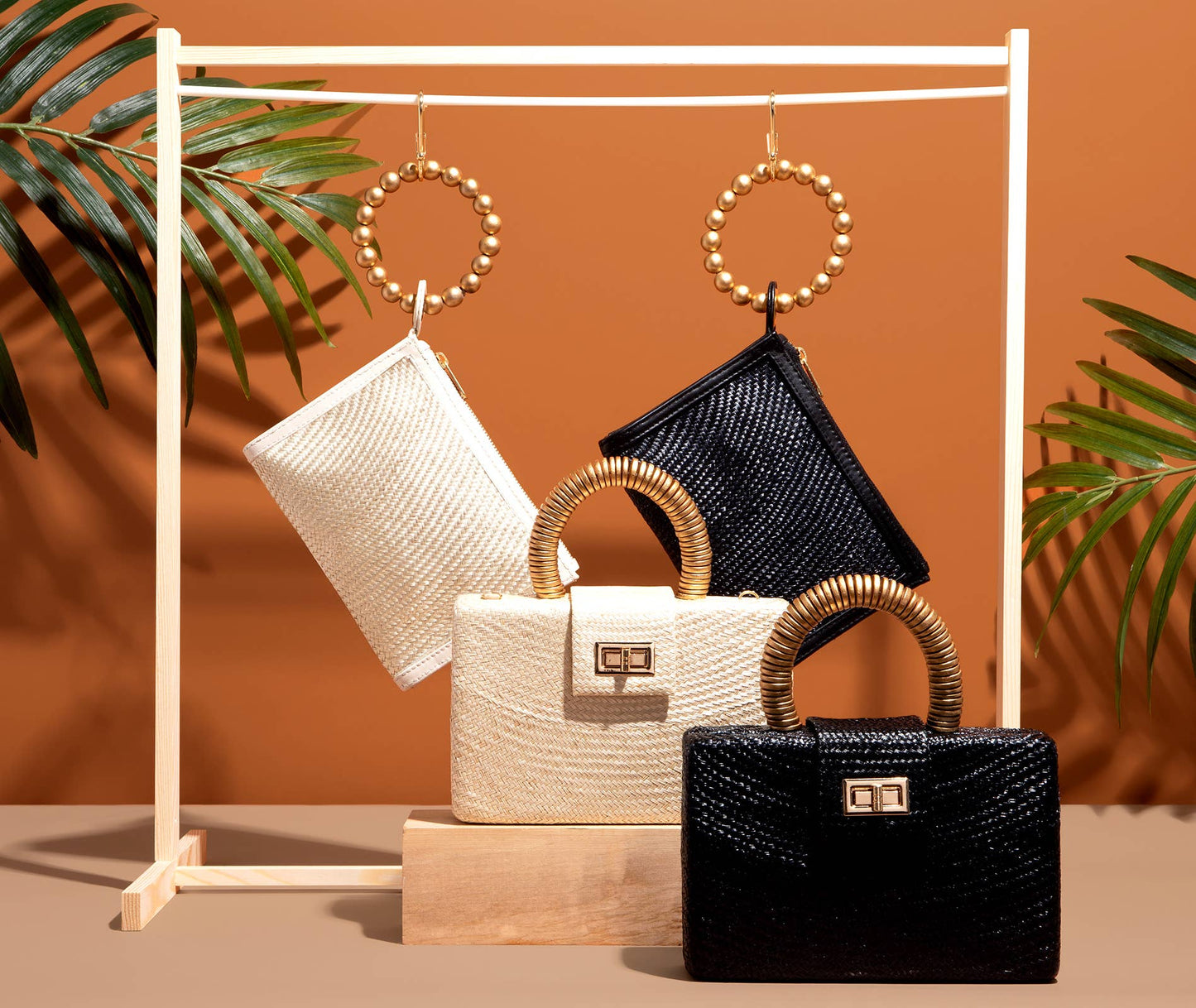 Black Woven Luxe Gold Bead Handle Wristlet Pouch  | Summer