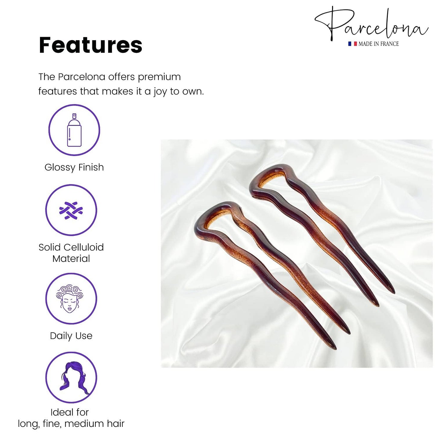 Parcelona French Mystic Medium 3" Cellulose Chignon U Shaped Hair Pins(Set of 2)