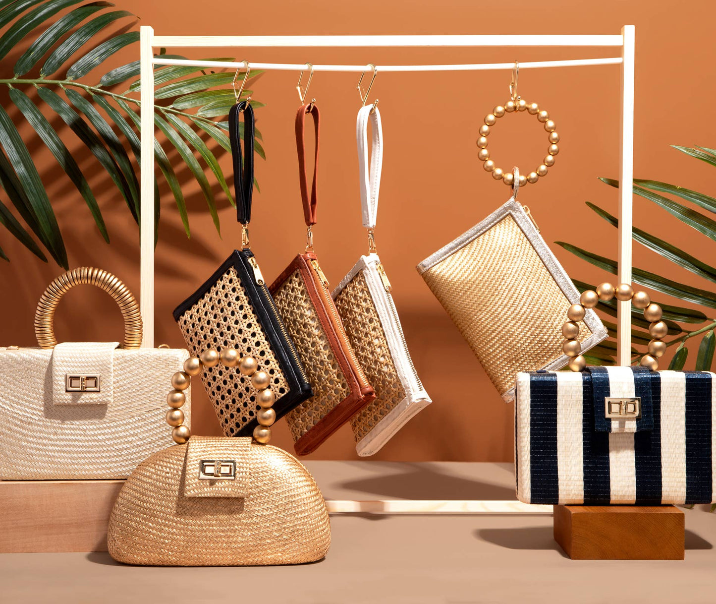 Cream Woven  Rattan & Leather  Wristlet Pouch  | Summer Luxe
