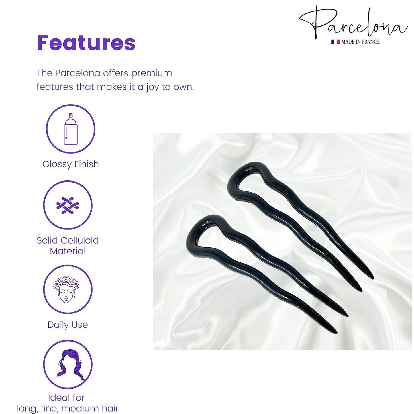 Parcelona French Mystic Medium 3" Cellulose Chignon U Shaped Hair Pins(Set of 2)