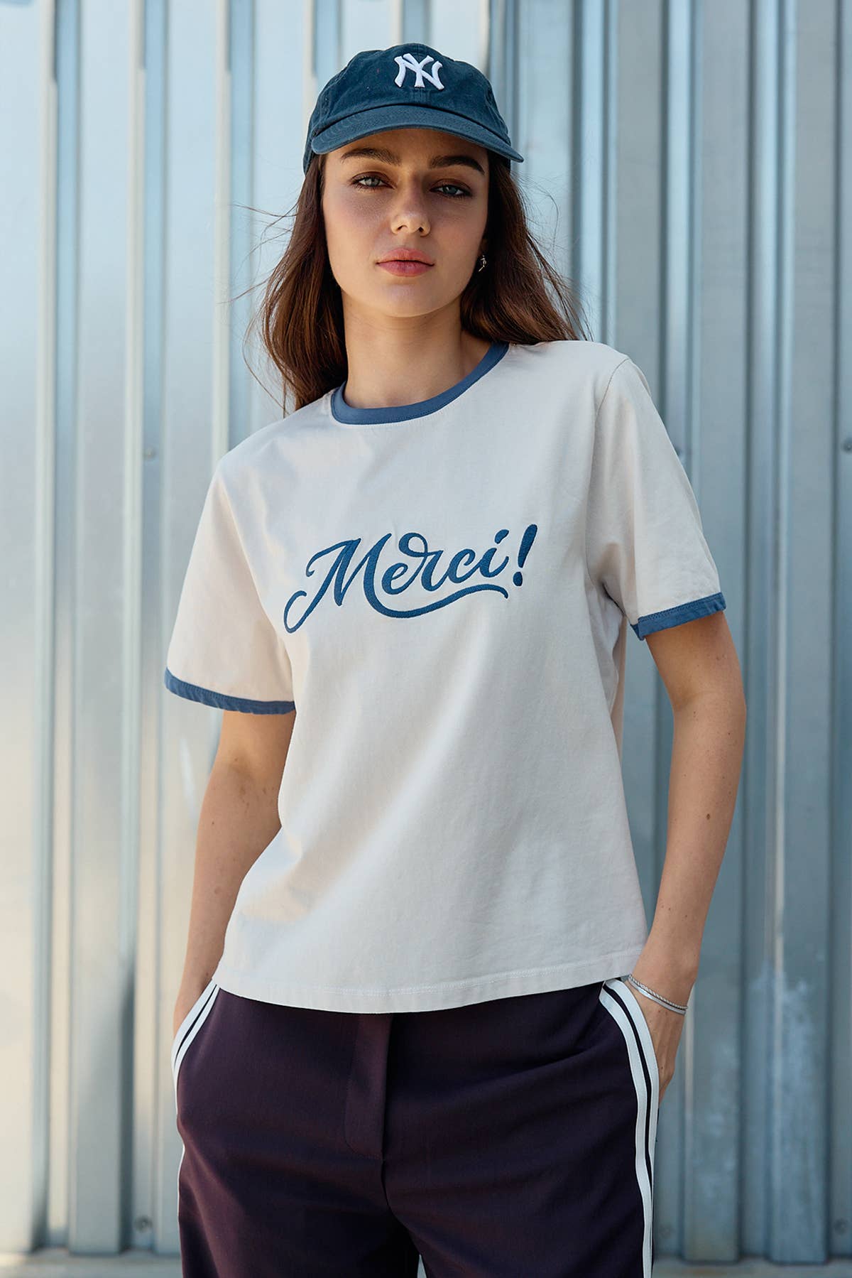 Merci Embroidered Contrast Trim Tee - RTK1166