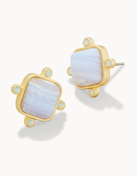Stone Stud Earrings Blue Chalcedony