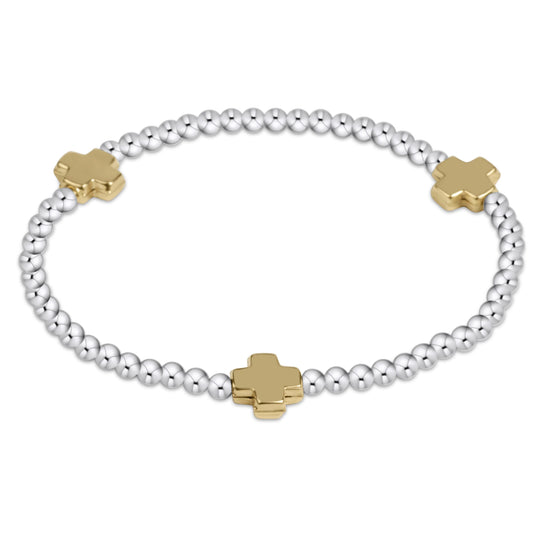 signature cross sterling mixed metal pattern 3mm bead bracelet- gold - extends