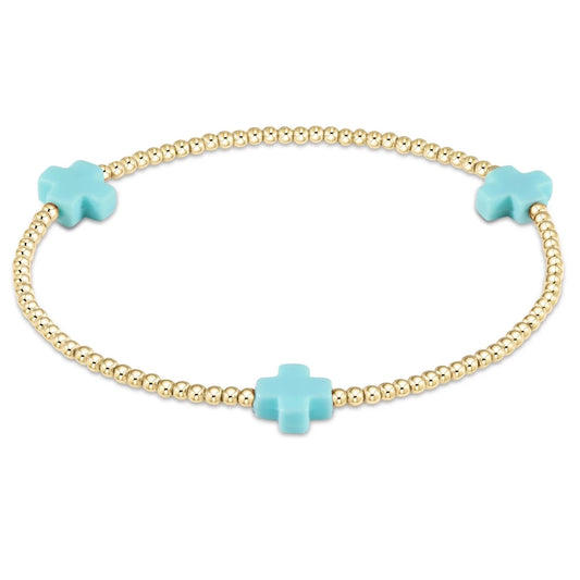 SIGNATURE CROSS GOLD PATTERN 2MM BEAD BRACELET (TURQUOISE)