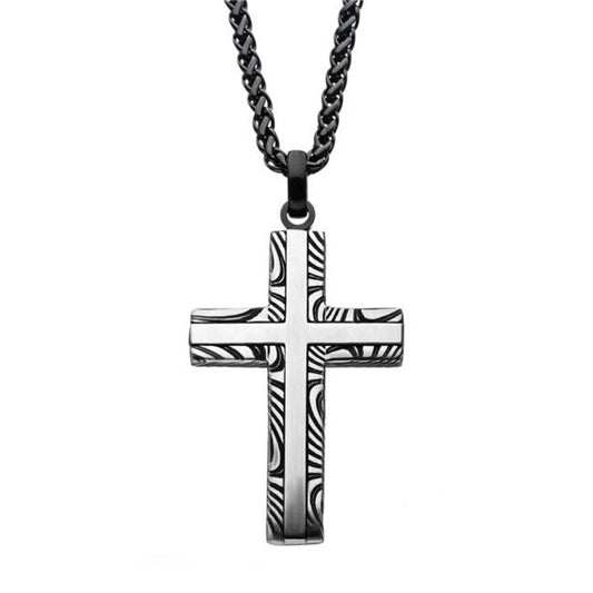 INOX - Damascus Steel Cross Pendant Necklace-24"